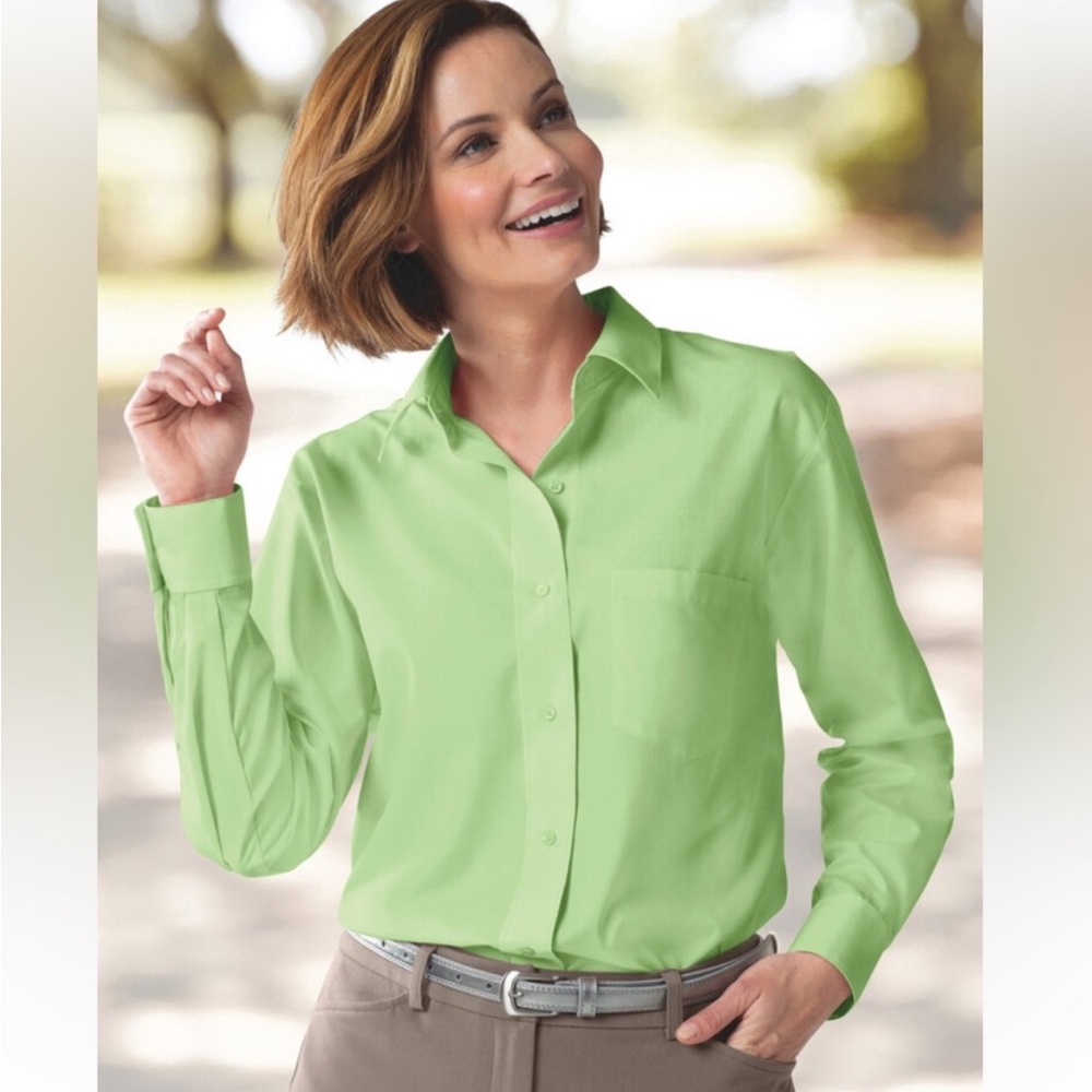 FOXCROFT WOMENS BRIGHT GREEN BUTTON-UP LONG SLEEVE BLOUSE SZ 8
